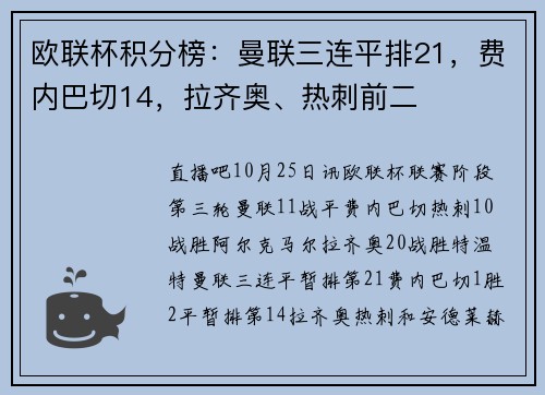 欧联杯积分榜：曼联三连平排21，费内巴切14，拉齐奥、热刺前二