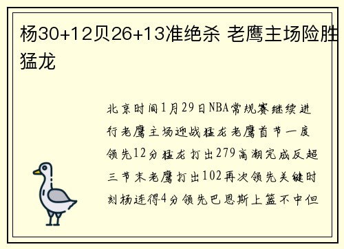 杨30+12贝26+13准绝杀 老鹰主场险胜猛龙